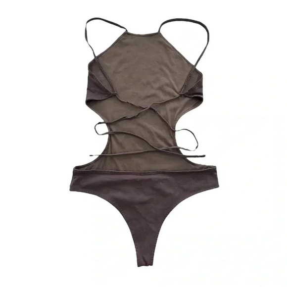 Mocha Brown Bodysuit Backless Side Cut Out TOBI Medium Strappy Low Back Halter - Picture 2 of 14